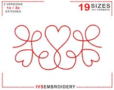 two hearts are drawn in the shape of an i love embroidery pattern on a white background