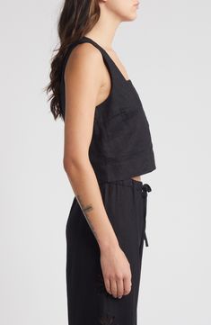 This lightweight linen tank top features a modern square neck, wide shoulder straps and an on-trend cropped hem. 18 1/2" length (size Medium) Square neck Lined 100% linen Dry clean Imported Black Summer Top With Straight Neckline, Modern Black Crop Top For Summer, Modern Summer Crop Top, Chic Slightly Cropped Tank Top For Summer, Chic Linen Crop Top, Black Linen Sleeveless Tank Top, Chic Cropped Linen Tops, Chic Black Linen Tank Top, Black Linen Casual Tank Top