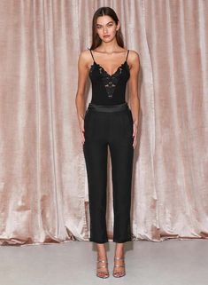 100% silk    dry clean only    sienna is 5'9 and wearing a size 2.    size 4 pant has a 12" rise 29 1/4" inseam. Lily Embroidery, Lace Bustier Top, Plunge Bodysuit, Perfect White Tee, Tuxedo Pants, Lace Bustier, Solid & Striped, Double Breasted Jacket, Looks Chic