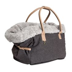 a gray bag with a fur lined inside