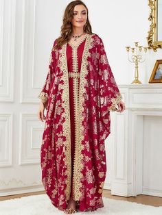 Dubai 2 Piece Set Women Muslim Kaftan Inner Dress Open Kimono Abaya Arab Robes | eBay Long Sleeve Kaftan For Eid Festivities, Red Long Thobe For Eid, Festive Red Abaya With Dabka Detailing, Festive Red Abaya With Dabka, Long Sleeve Dabka Dresses For Eid, Red Floor-length Abaya With Dabka Detail, Long Sleeve Dresses With Dabka For Eid, V-neck Thobe For Eid Festivities, Red Floor-length Abaya With Dabka