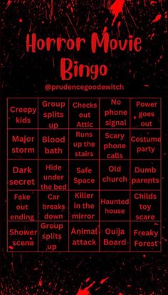 the horror movie bingo game with red paint splattered on it's black background