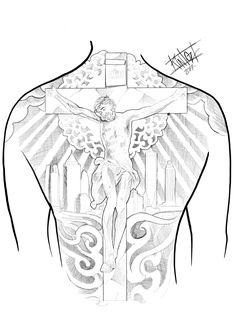 the back of a man's body with tattoos on it