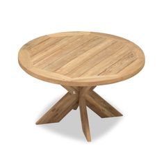 a round wooden table with two crossed legs on an isolated white background for use as a coffee table or side table