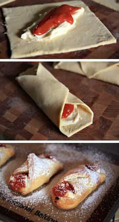 three different views of pastries on a cutting board with powdered sugar and ketchup