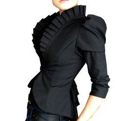 I.DIE. Chic Ruffled Blazer For Office, Chic Evening Blazer With Ruffles, Fitted Ruffled Outerwear For Office, Long Sleeve Ruffled Blazer For Work, Tailored Long Sleeve Ruffled Blazer, Chic Ruffled Blazer For Workwear, Tailored Long Sleeve Blazer With Ruffles, Chic Ruffled Blazer For Work, Chic Tailored Ruffle Blazer