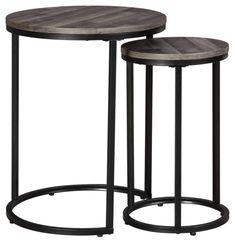 two tables with metal bases and wood tops, one is round the other has a wooden top