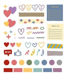 a bunch of different types of stickers on a white background with words and hearts