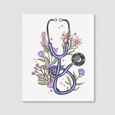 a card with a stethoscope and flowers in the middle, on a white background