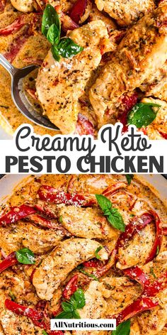 creamy keto pesto chicken with basil and red peppers