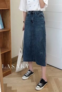 Lasaky - Contemporary Korean Open-Split Denim Midi Skirt Casual Skirt Bottoms With Side Slits, Trendy Skirt With Split Hem For Spring, Non-stretch Split Skirt In Casual Style, Casual Non-stretch Split Skirt, Spring Skirt With Side Slits And Split Hem, Spring Bottoms With Pockets And Split Shape, Spring Split Bottoms With Pockets, Non-stretch Split Hem Bottoms For Spring, Trendy Skirt With Side Slits For Spring