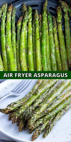 asparagus spears on a white plate with the words air fryer asparagus