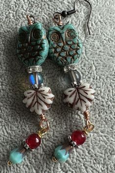 Czech glass Fall Owls Earrings With Leaf Charms earrings  | eBay Handmade Costume Jewelry Earrings For Jewelry Making, Dangle Costume Jewelry Earrings, Costume Jewelry Dangle Earrings For Gift, Dangle Costume Jewelry Earrings For Gift, Handmade Costume Drop Earrings, Whimsical Dangle Jewelry With Matching Earrings, Unique Earrings With Ear Wire For Jewelry Making, Turquoise Costume Jewelry Earrings For Gift, Handmade Red Costume Jewelry Earrings