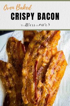 crispy bacon on a white plate with text overlay