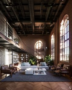 a living room filled with lots of furniture next to tall windows and bookshelves