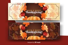 two thanksgiving banners with pumpkins and leaves