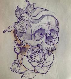 a drawing of a skull and a rose