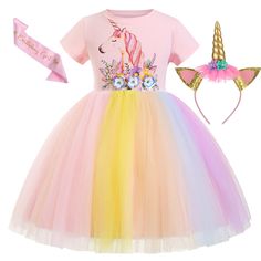 PRICES MAY VARY. A variety of accessories: including unicorn princess dress, unicorn headdress, unicorn Satin Sash. High-quality material: the princess costume is made of breathable, lightweight and safe materials to ensure that it will not itch, pill or fade. Can be washed by hand. Excellent design: Classic round neck design, distinctive unicorn pattern on the chest. A variety of occasions: suitable for birthday parties, Thanksgiving, holidays, role-playing, Halloween, Christmas, stage performa Flower Costume Kids, Unicorn Dresses, Girl Unicorn Costume, Flower Party Dress, Baby Costumes Girl, Girls Ball Gown, Unicorn Costume, Unicorn Dress, Kids Gown