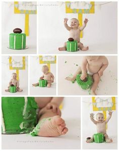 a collage of photos shows a baby in green cake with his hands up and feet on the ground