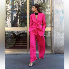 Brand New. Wide Leg Pants With Darts. Side Pockets. Blazer With Lapel Collar.Belted With Front Single Tonal Lined Button. Runs Large Can Fit As Size M Also. The Label Says S Elegant Zara Pantsuit With Pockets, Pink Suit Outfit Women, Elegant Pink Set With Pockets, Elegant Pink Sets With Pockets, Zara Elegant Wide Leg Sets, Elegant Zara Wide Leg Sets, Elegant Wide Leg Sets By Zara, Elegant Zara Sets With Wide Leg, Chic Zara Sets With Straight Pants