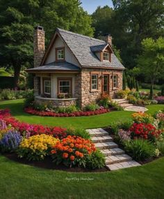 a small house surrounded by colorful flowers and greenery