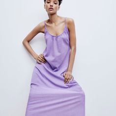 Zara Round Neck Dress With Spaghetti Straps. Tonal Matching Fabric. Size L. Armpit To Armpit 23” And Beyond. Length 53”, Starchy Purple Midi Length Slip Dress For Summer, Purple Midi Slip Dress For Summer, Purple Midi Dress For Summer Daywear, Summer Purple Maxi Dress For Daywear, Purple Maxi Dress For Summer Daywear, Purple Slip Dress For Spring, Summer Purple Cotton Midi Dress, Zara Purple Maxi Dress For Spring, Zara Purple Summer Maxi Dress