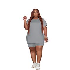 Plus Size Casual Solid Short Sleeve T-shirt Shorts Set Casual Gray Summer Set, Casual Stretch Short Set With Short Sleeves, Casual Short Sleeve Stretch Short Set, Casual Stretch Short Set For Loungewear, Casual Gray Short Sleeve Sets, Gray Short Sleeve Casual Sets, Gray Casual Short Sleeve Sets, Casual Plain Short Sleeve Sets, Casual Short Sleeve Sets