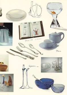 an assortment of kitchen utensils and glassware are shown in this advertisement from the 1960s