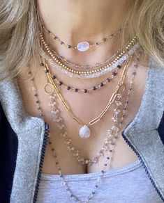 Sapphire necklace. Moonstone necklace. Gemstone necklace. Neckstack. Layeeing necklaces. Socal Style, 3rd Eye, Trendy Necklaces, Moonstone Necklace, Sapphire Necklace, Rainbow Moonstone, Gemstone Necklace, Moonstone, Gemstone Beads