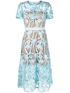 light blue guipure lace round neck concealed rear hook and zip fastening short sleeves fitted waistline belted waist flared skirt straight hem partial lining mid-calf length Skirt Straight, Valentino Clothing, Self Portrait Dress, Look Short, Guipure Lace, Lace Midi, Lace Midi Dress, Blue Midi Dress, Flared Skirt