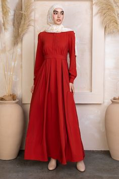 Scarlett Lattice Abaya Maxi Dress Elegant Red Maxi Dress For Eid, Spring Workwear Abaya, Spring Abaya With Modesty Panel, Maxi Length Dress With Button Closure, Elegant Spring Abaya With Modesty Panel, Solid Long Sleeve Dresses For Eid, Elegant Workwear Abaya In Maxi Length, Maxi Length Dress With Modesty Panel, Elegant Red Long Sleeve Abaya