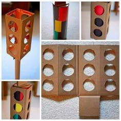 there are several pictures of different things made out of cardboard boxes and paper tubes with holes in them