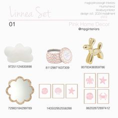 pink home decor items are displayed on a white background with gold trimmings and other accessories