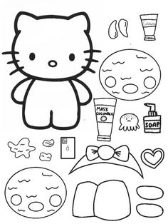 a hello kitty coloring page with various items