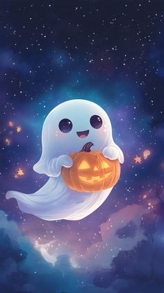 a ghost with a pumpkin in its hand flying through the air on a night sky