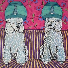 two poodles with hats on their heads sitting on a striped bench in front of a pink wall