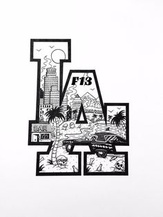 the letter la is made up of black and white images, with palm trees in the background