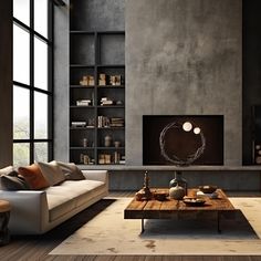 a living room filled with furniture and a fire place next to a wall mounted tv