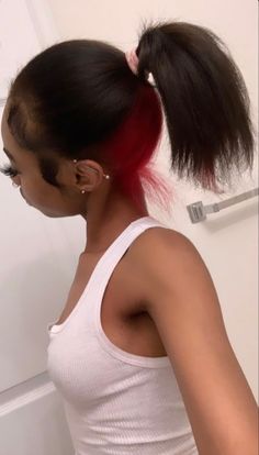 Skunk Stripe Hair In The Back, Red Peekaboo Hair Black Women, Curly Hair Dye Ideas Underneath, Peek A Boo Natural Hair, Red Skunk Stripe Hair Black Women, Dyed Underneath Hair, Half Red Half Black Hair, Color For Black Hair