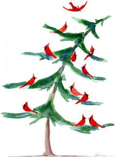 a watercolor painting of a christmas tree with red birds