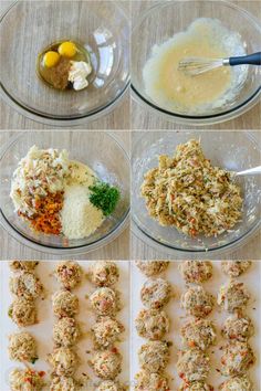 four pictures showing the steps to make meatballs with cheese and seasonings in bowls