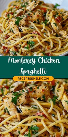 two plates of spaghetti with chicken and parsley