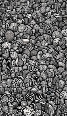 an abstract black and white drawing of many different types of shapes, sizes and colors