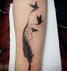 a tattoo on the arm of a woman with three birds flying around it and a dotted line in the shape of a heart