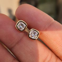 Luxury Gold Diamond Earrings With Bezel Setting, Bezel Diamond Earrings, Formal Gold Bezel Set Earrings, Gold Earrings With Bezel Setting For Anniversary, 14k Gold Bezel Set Earrings For Anniversary, Gold Round Earrings With Bezel Setting, Bezel Set Diamond Earrings, Tiny Earring, Cushion Cut Earrings