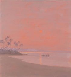 an oil painting of a boat on the beach at sunset with palm trees in the background