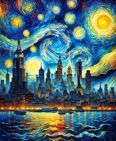 a painting of a city skyline with stars in the sky above it and water below