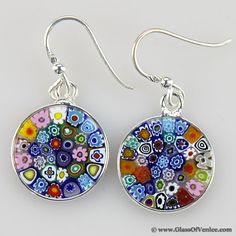 Millefiori round dangle earrings -silver Silver Murano Glass Round Necklace, Handmade Colorful Glass Jewelry, Artisan Multicolor Glass Jewelry, Czech Glass Round Jewelry Gift, Round Czech Glass Jewelry Gift, Colorful Pendant Jewelry As A Gift, Handmade Murano Glass Jewelry Gift, Artisan Multicolor Murano Glass Jewelry, Handmade Murano Glass Jewelry For Gifts