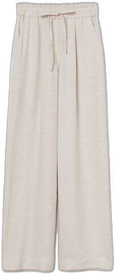 Cream Wide-leg Pants For Daywear, Casual Beige Wide-leg Pants, Beige Wide Leg Pants For Spring Daywear, Beige Wide-leg Pants For Daywear, Chic Cream Bottoms For Daywear, Elegant Neutral Pants With Elastic Waistband, Elegant Neutral Bottoms With Elastic Waistband, Chic Cream Linen Wide Leg Pants, Beige Linen High-waist Wide Leg Pants