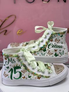 Converse For Quinceanera, Quinceanera Converse, Green Quinceanera Shoes, Quince Custom Shoes, Quinceanera Shoes Sneakers Green, Quinceanera Sneakers Converse, Quince Shoes Sneakers, Quince Shoes, Sweet 16 Shoes